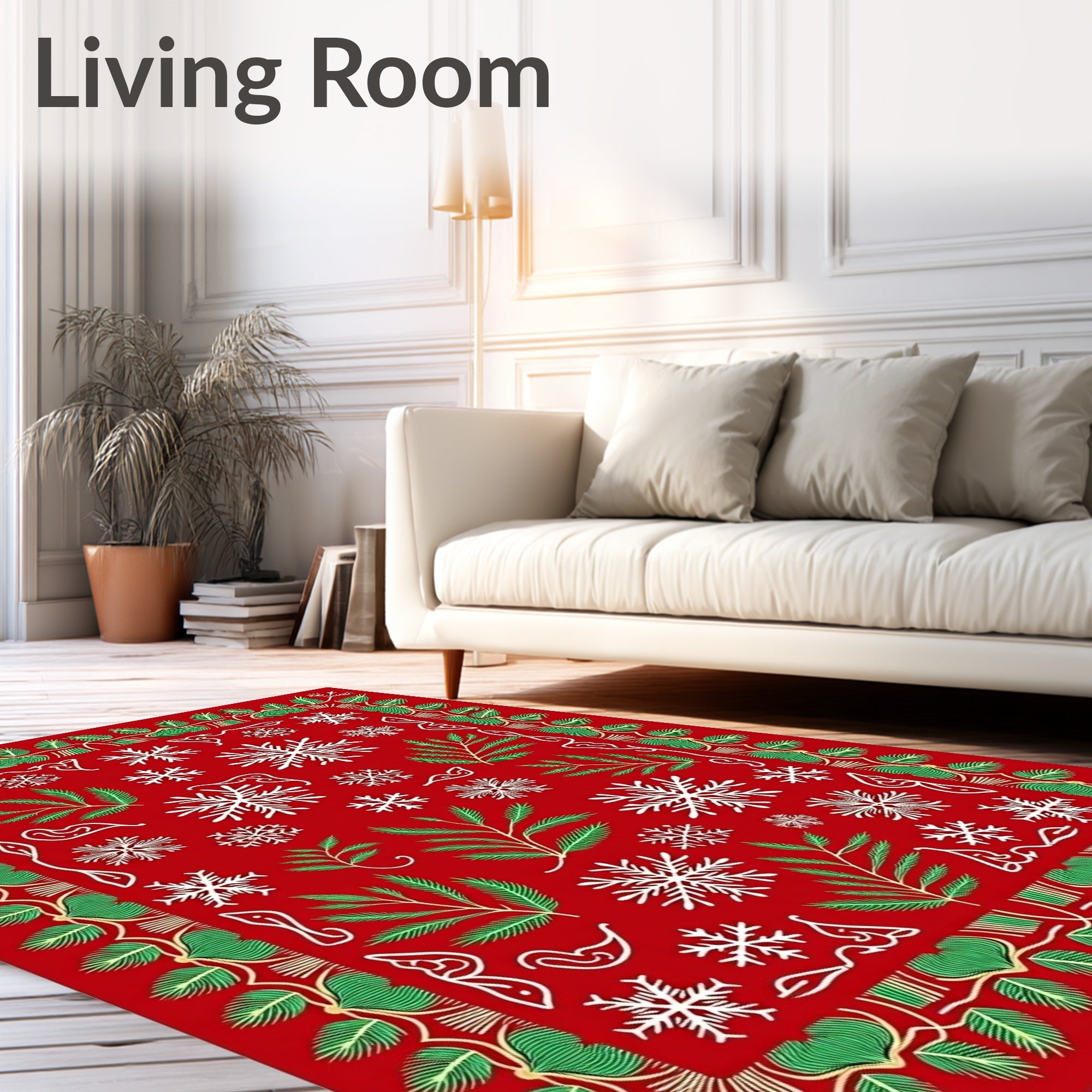 Red Snowflake Pine Branch Holiday Border Rug