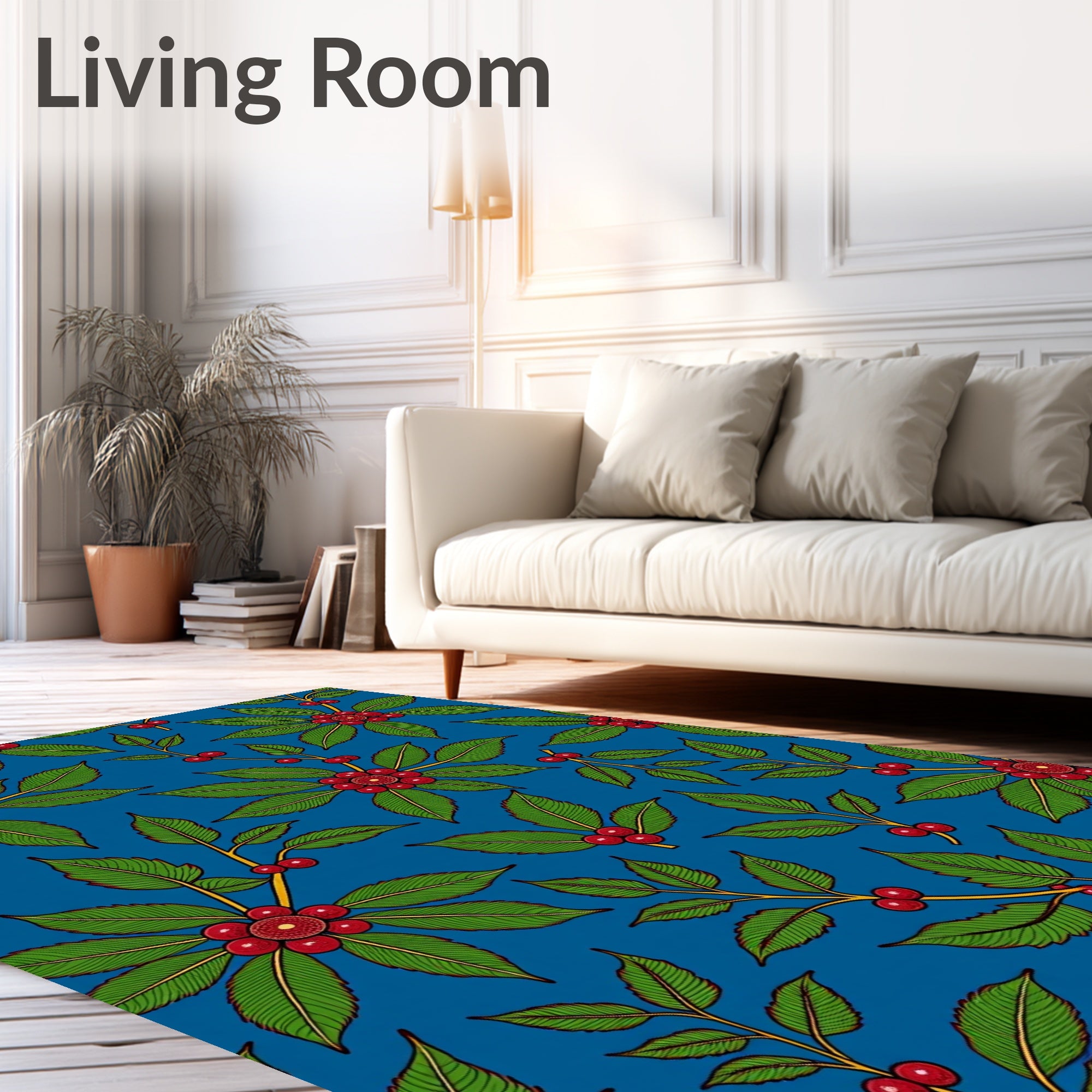 Vibrant Blue Red Berry Foliage Rug