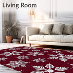 White Snowflake Burgundy Background Collage Rug