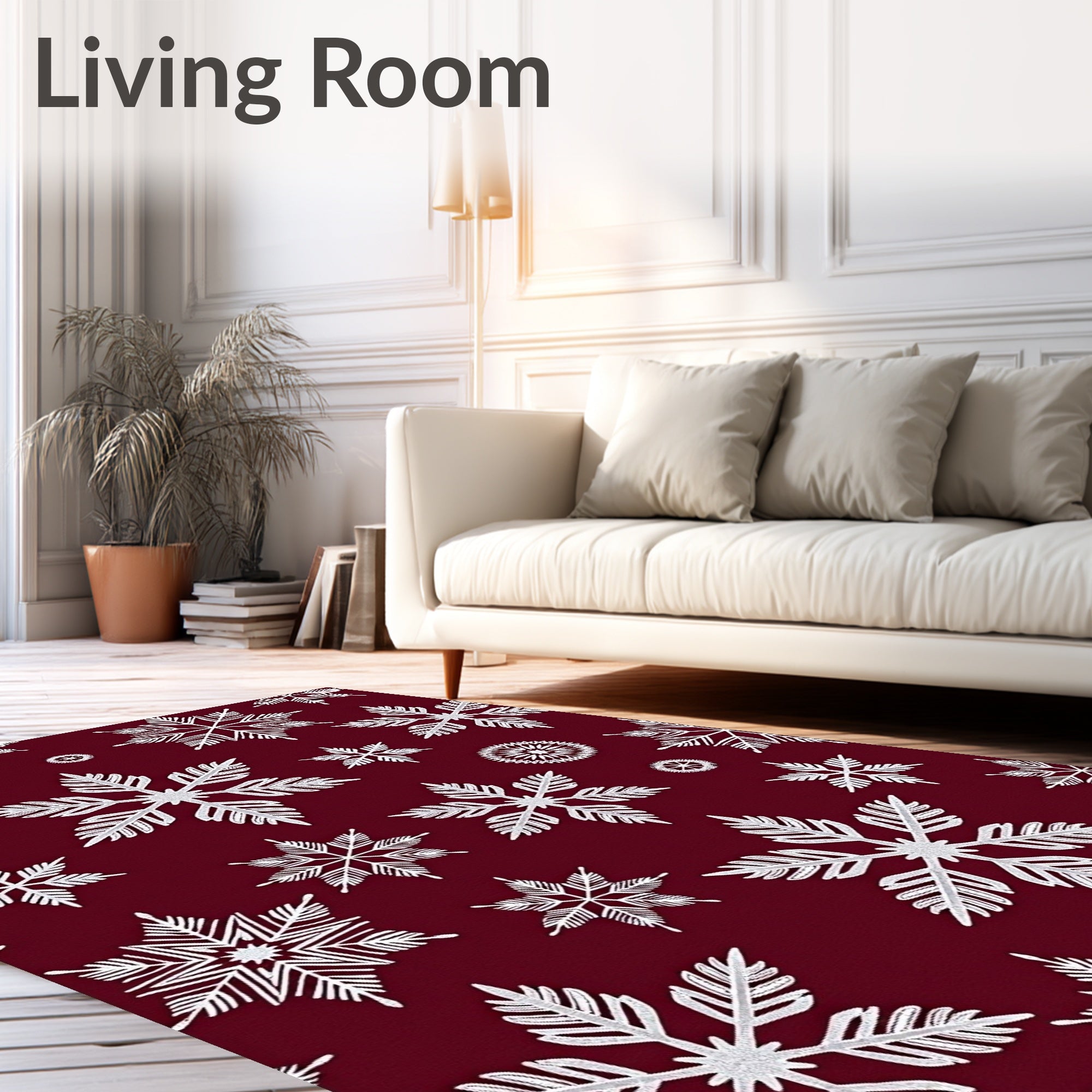 White Snowflake Burgundy Background Collage Rug