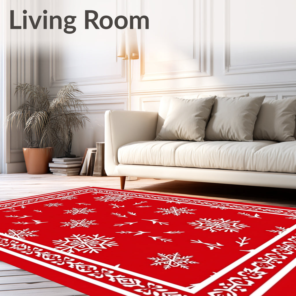 Red White Snowflake Holiday Border Rug