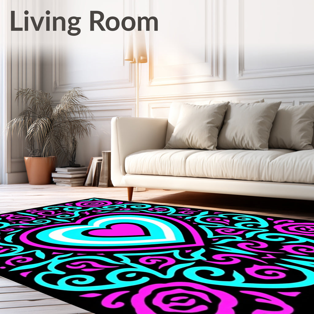 Vivid Pink Aqua Heart Floral Swirls Rug