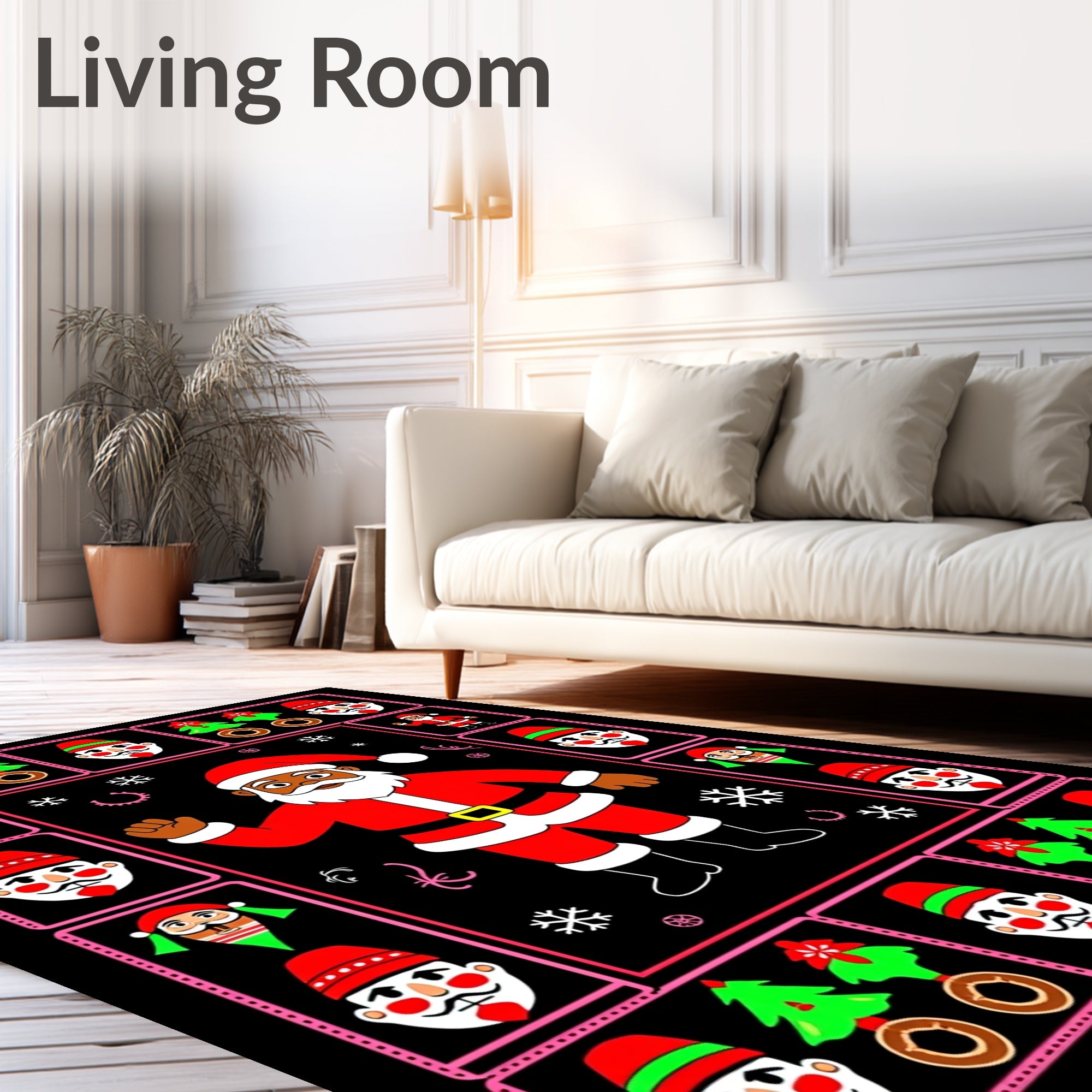 Festive Black Santa Christmas Border Rug