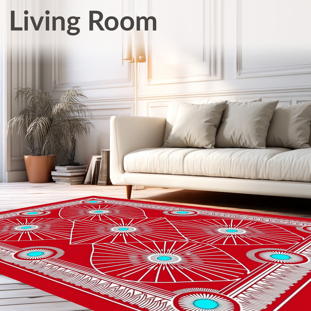 Vivid Red Sunburst Mandala Art Rug