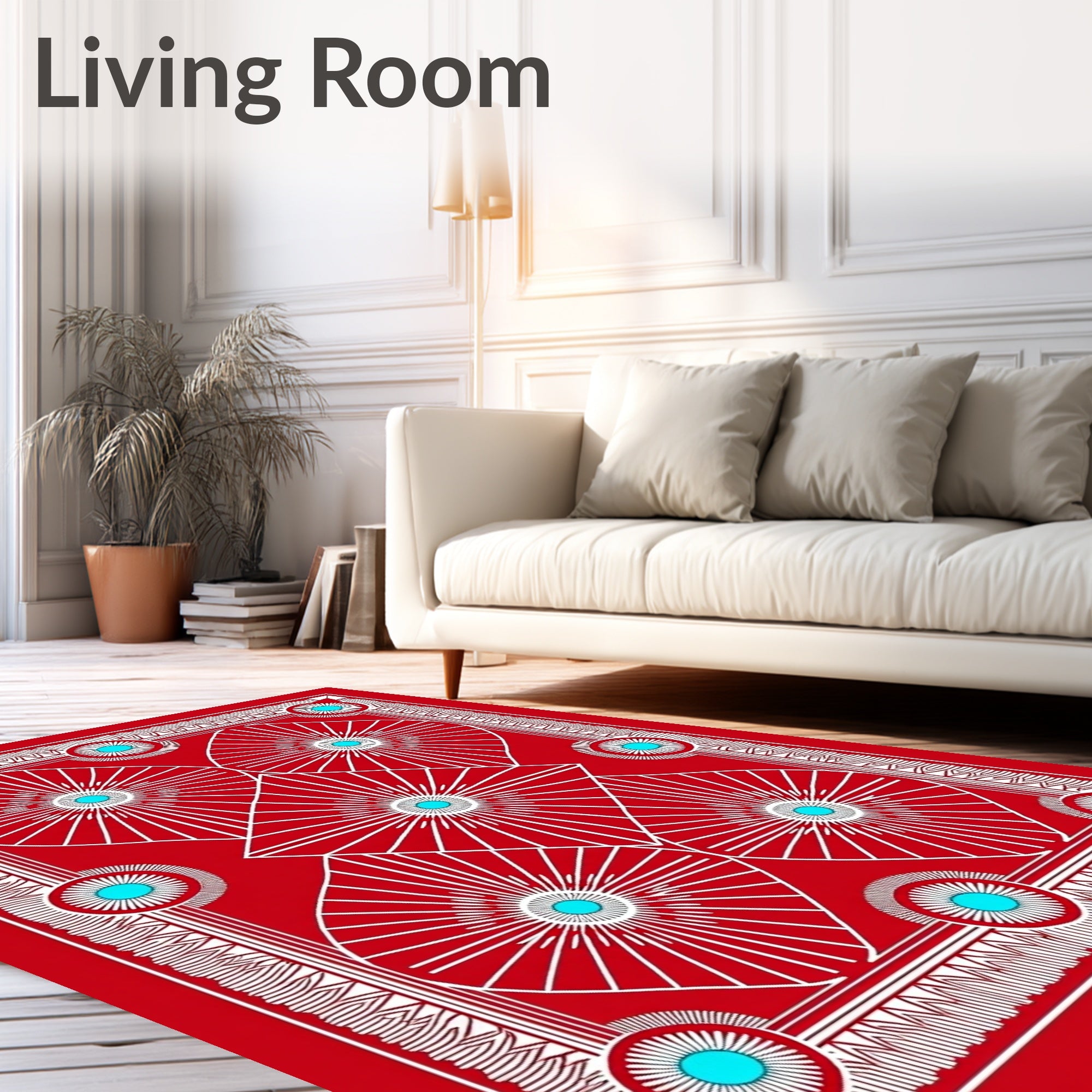Vivid Red Sunburst Mandala Art Rug