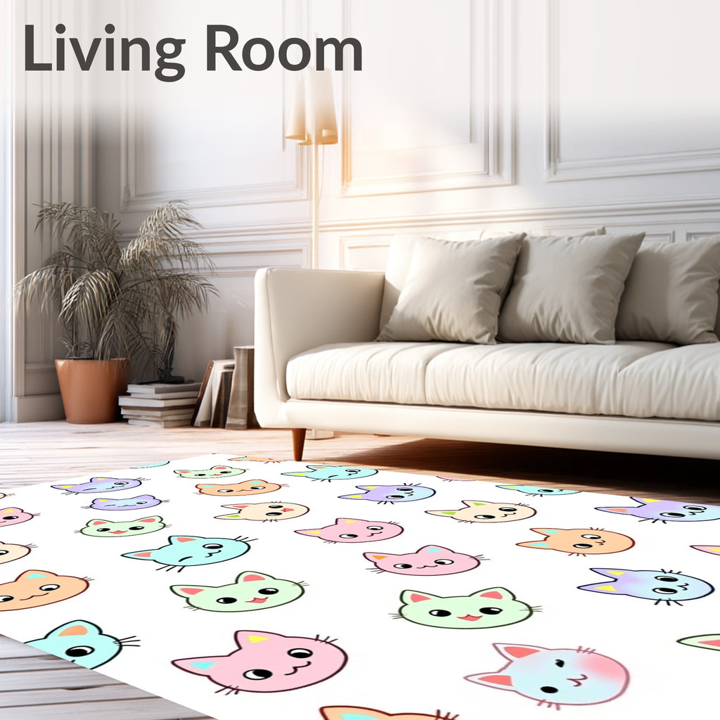 Pastel Kawaii Cat Faces Repeating Pattern Rug