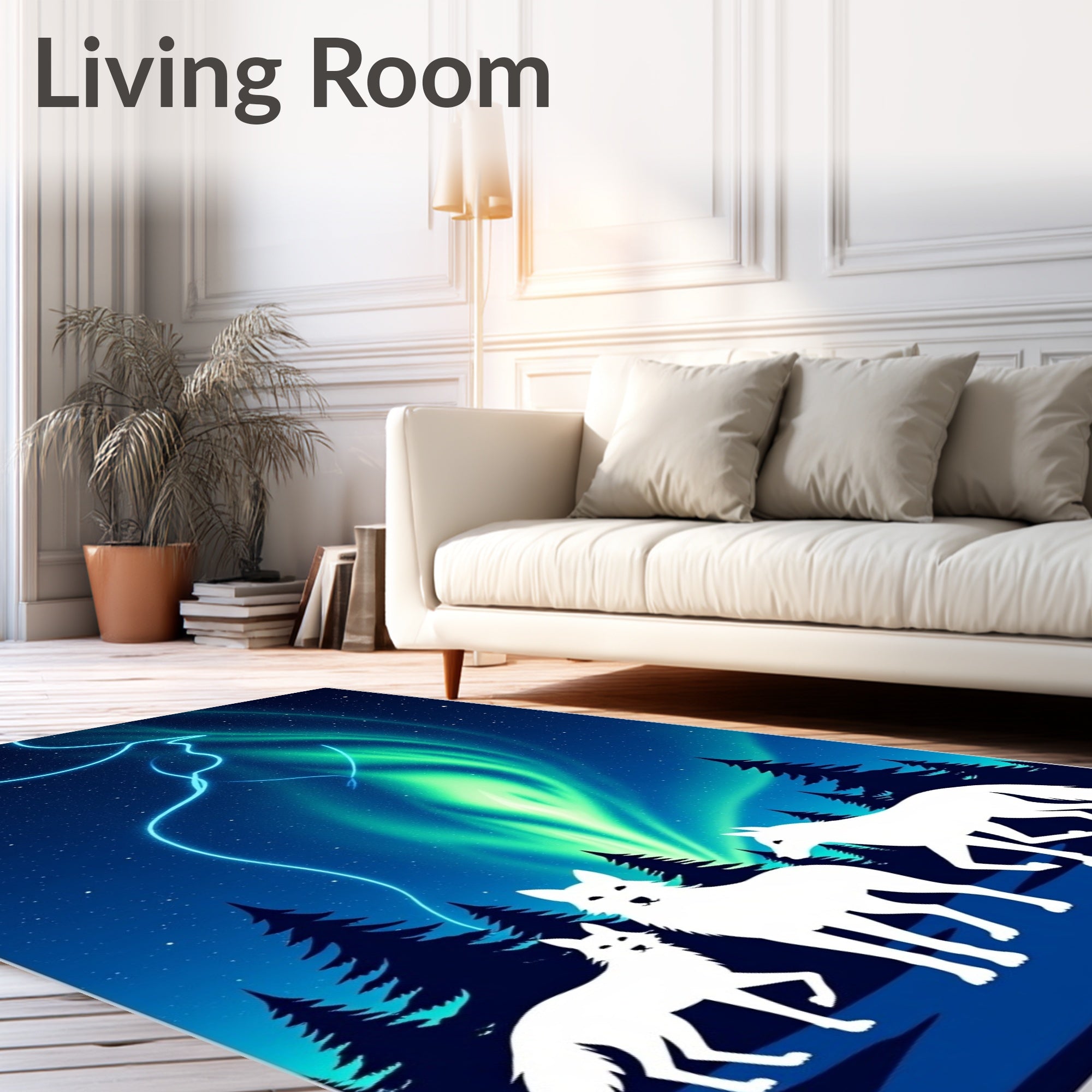 Arctic Wolves Under Northern Lights Rug