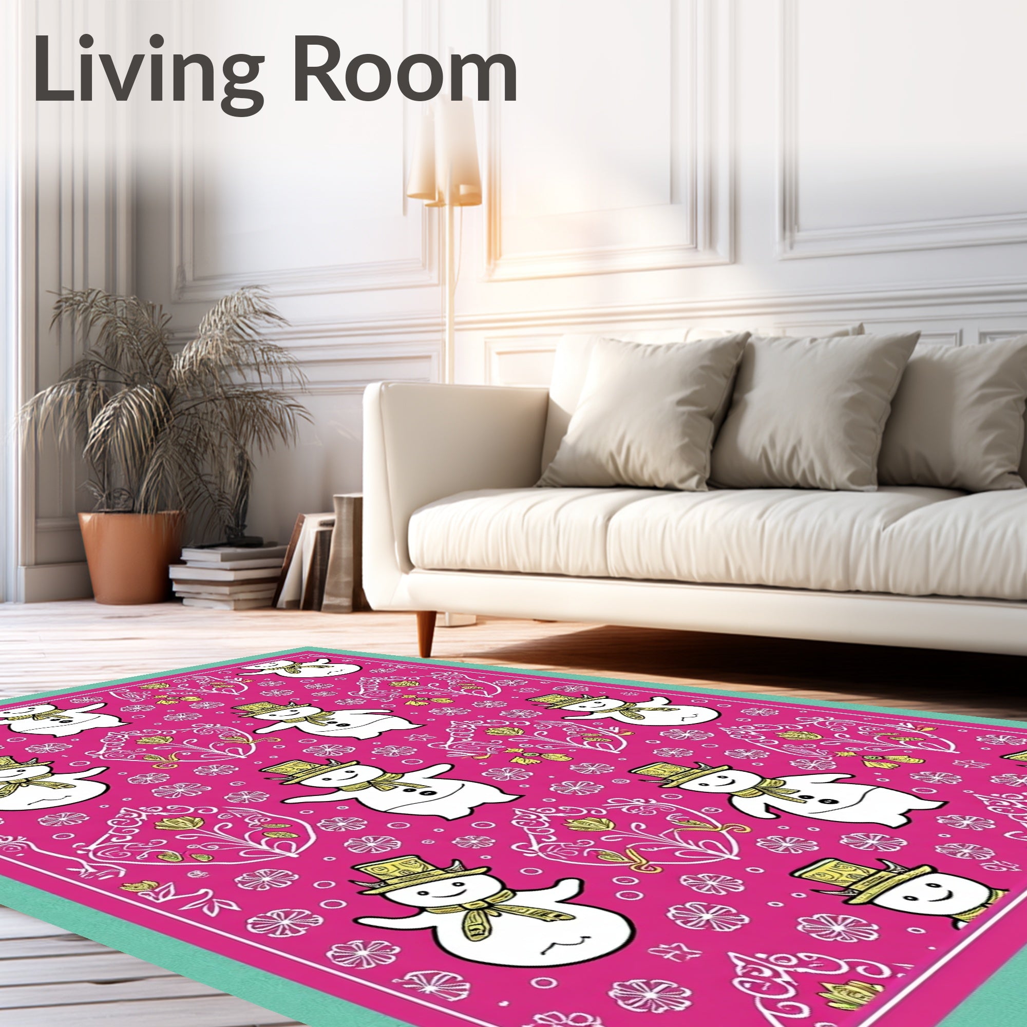 Pink Snowman Floral Whimsical Festive Rug