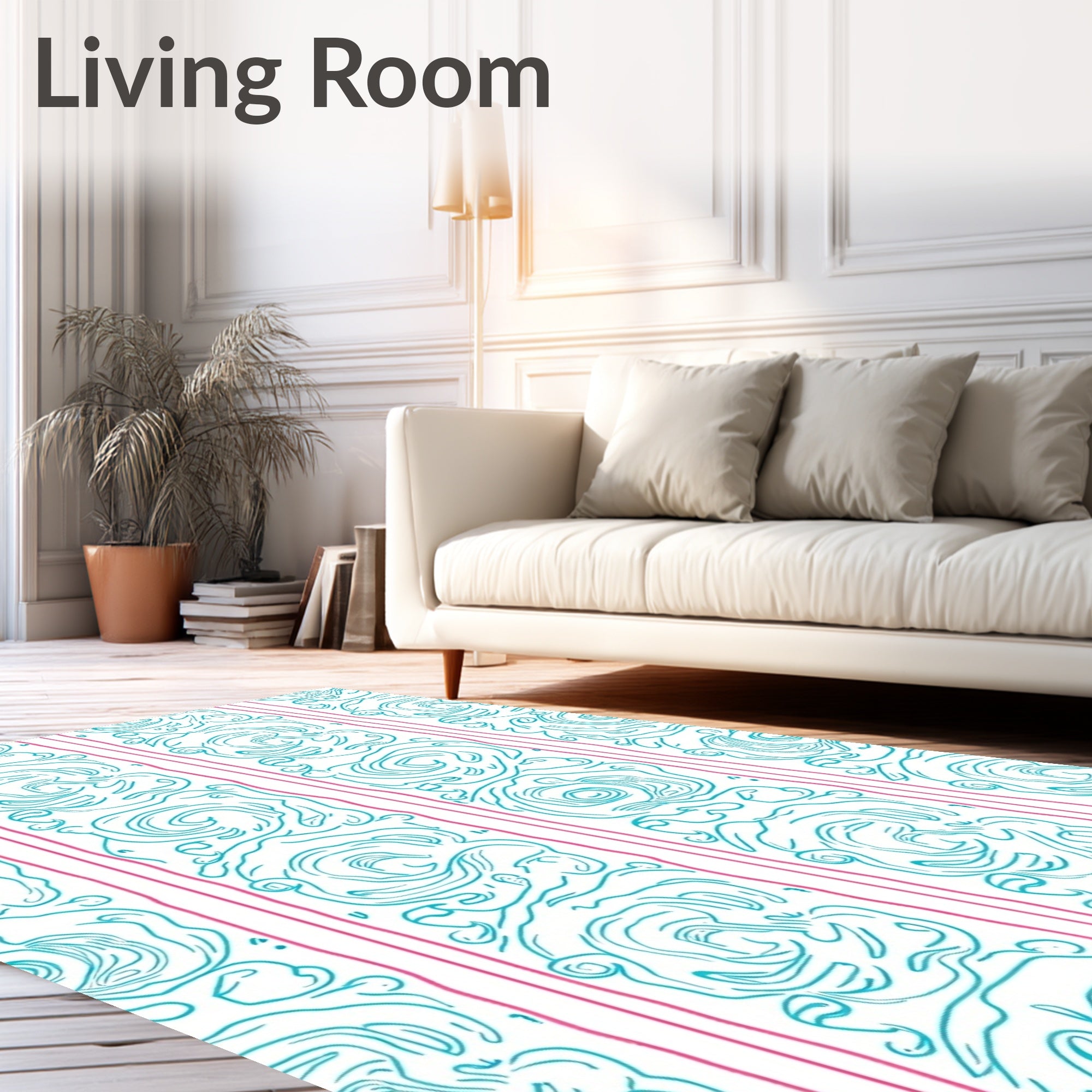Aqua Pink Curlicue Vertical Stripe Rug