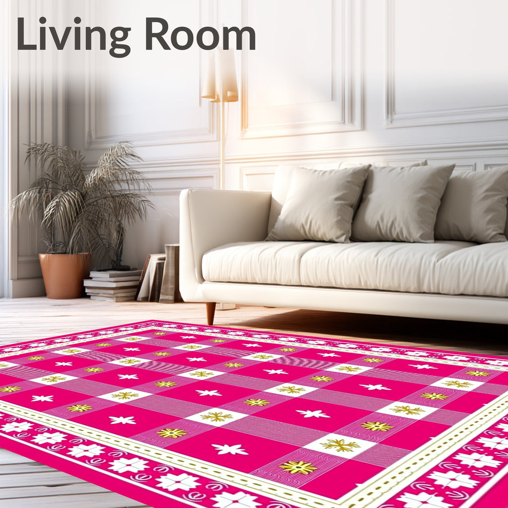 Vibrant Pink Gingham Floral Overlay Rug