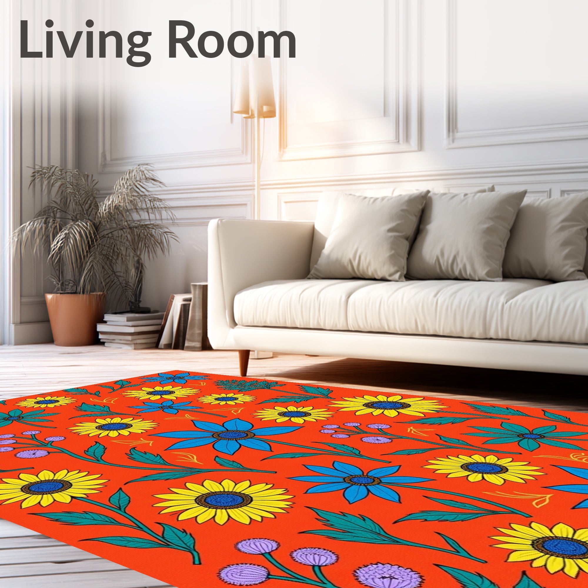 Vibrant Yellow Blue Floral Garden Rug