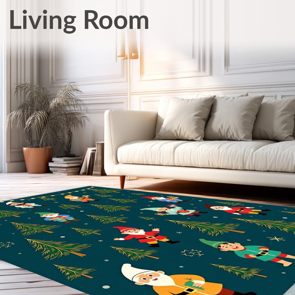Festive Garden Gnomes Christmas Trees Teal Rug
