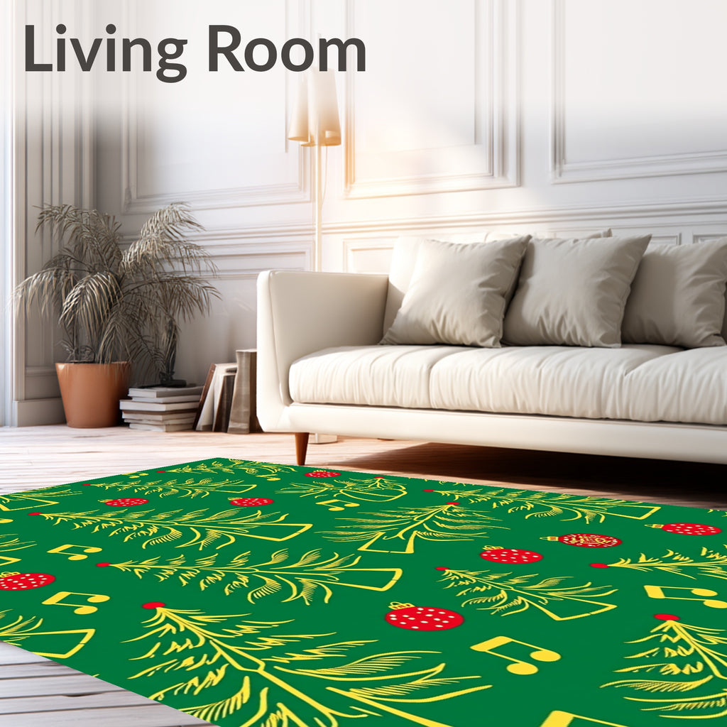Festive Yellow Pine Tree Ornaments Rug