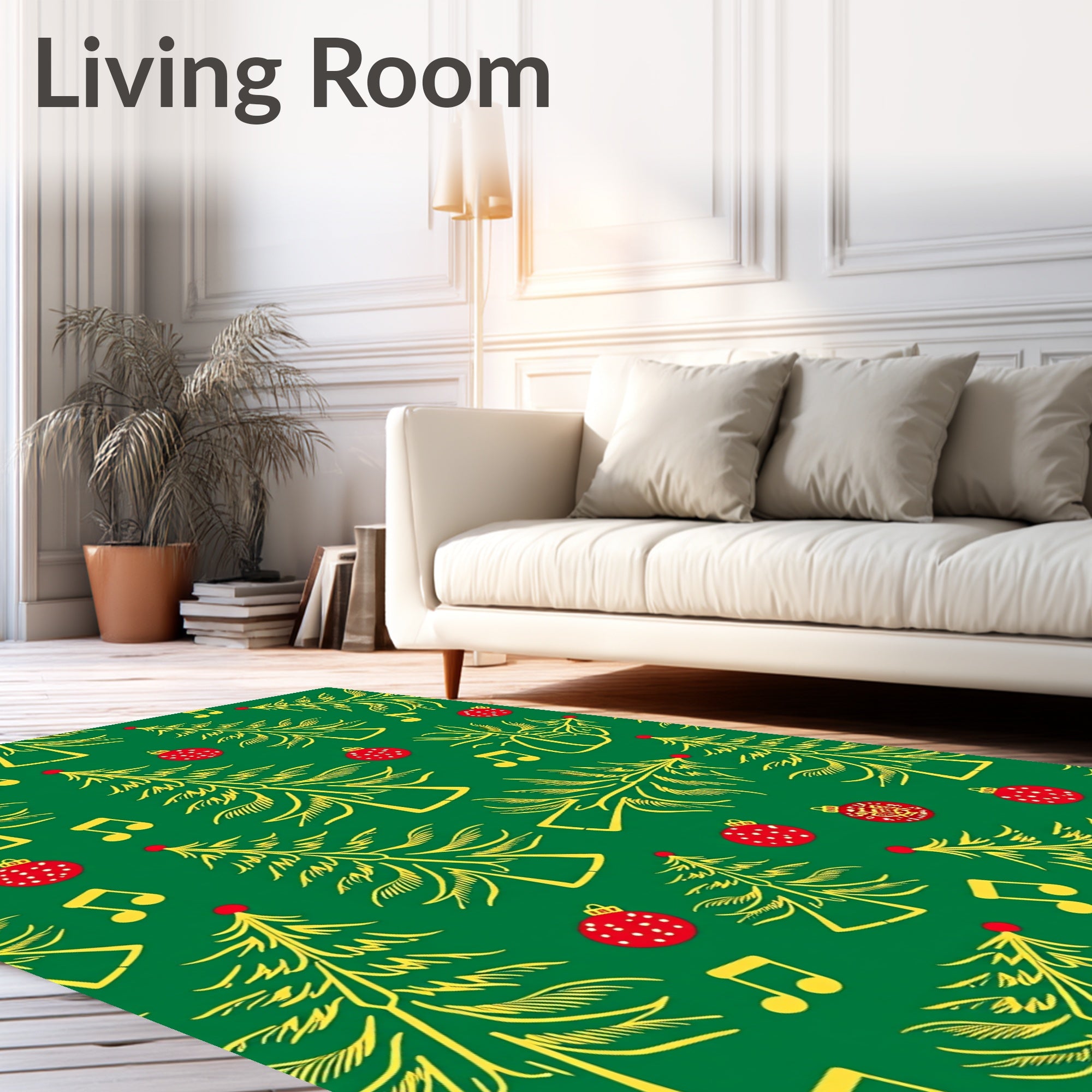 Festive Yellow Pine Tree Ornaments Rug