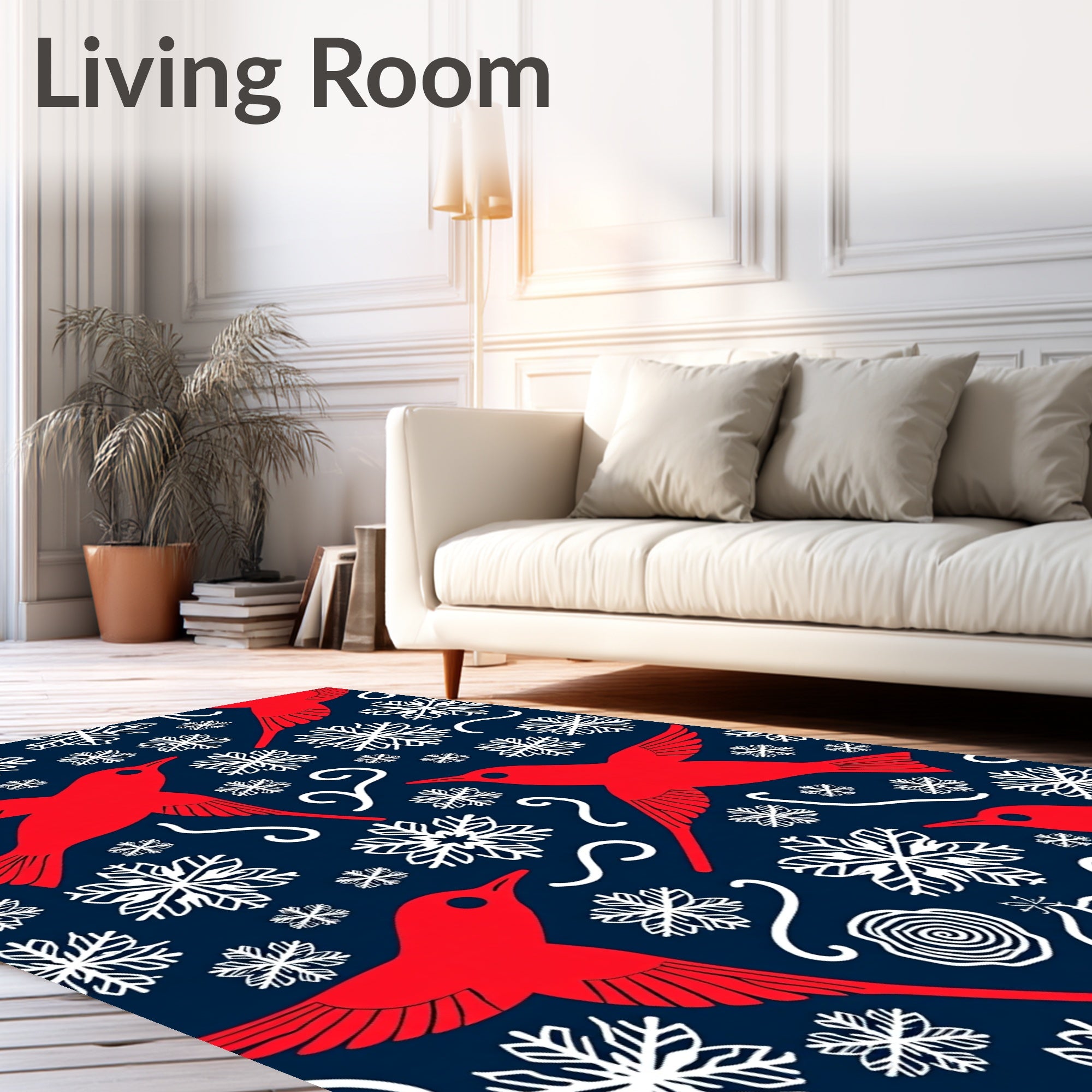 Red Cardinal Snowflakes Navy Scene Rug