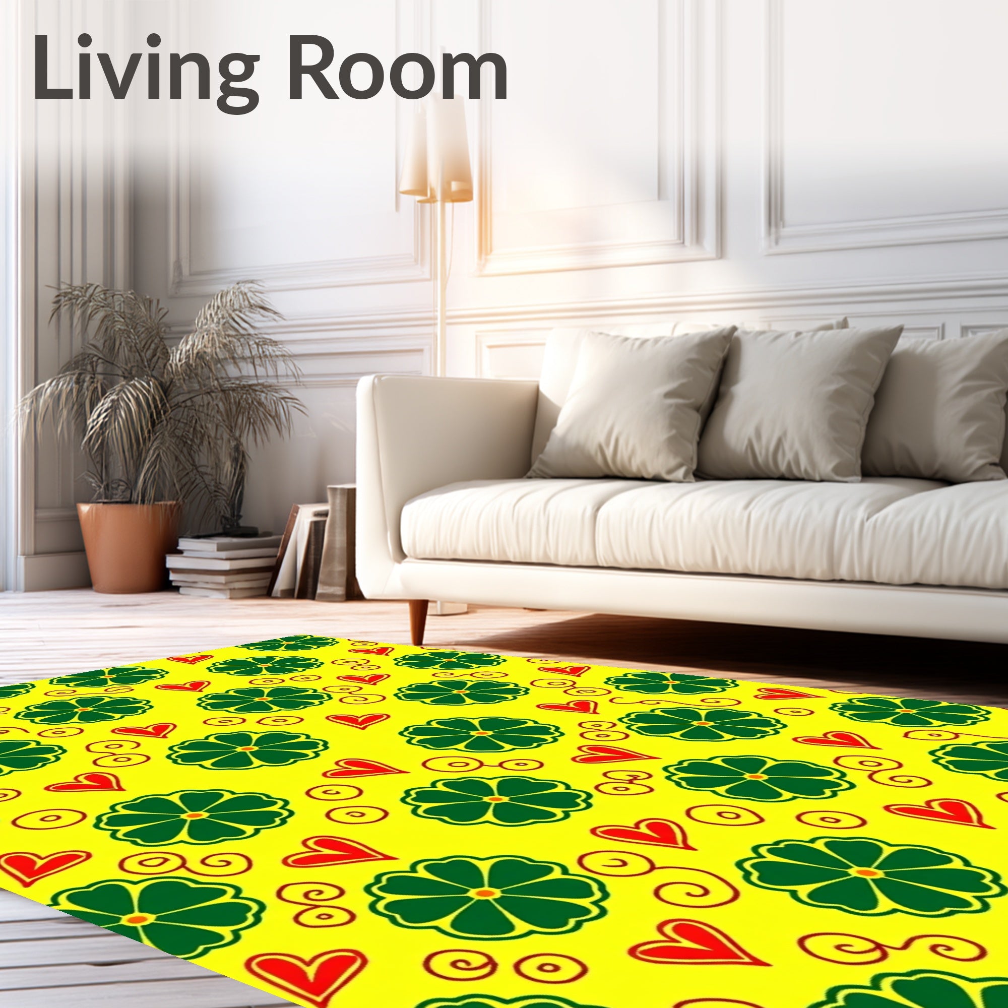 Vibrant Yellow Green Heart Flower Rug