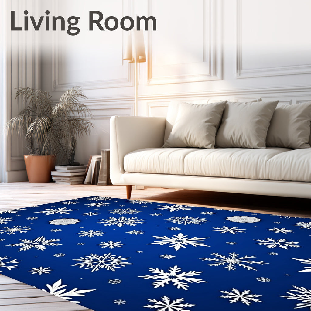 White Snowflakes Scattered Cobalt Blue Background Rug
