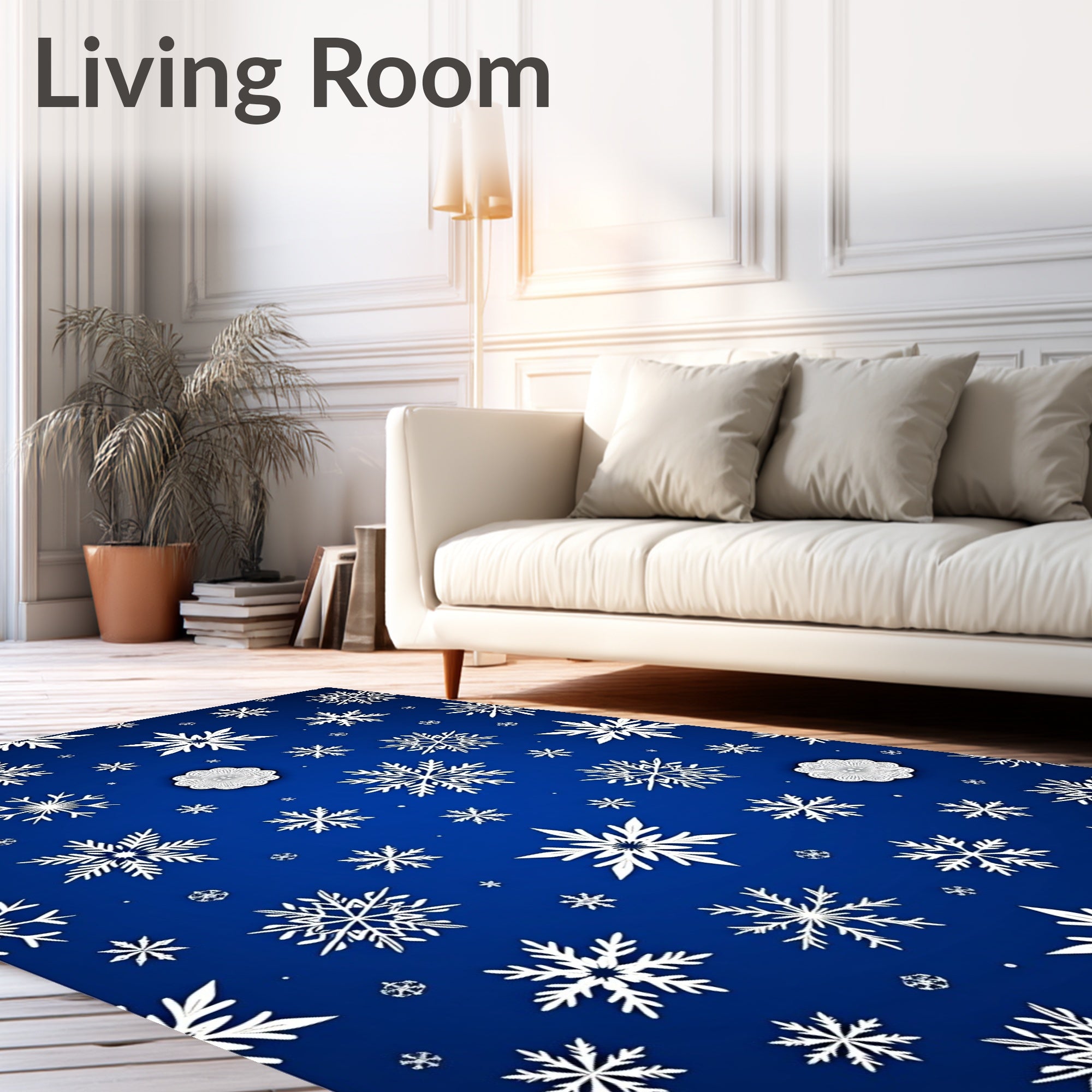 White Snowflakes Scattered Cobalt Blue Background Rug