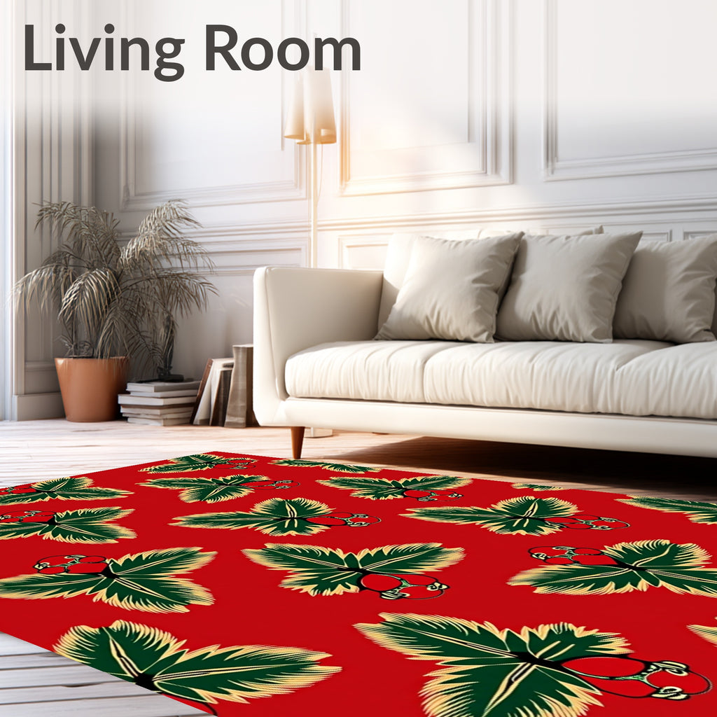 Vintage Red Strawberry Foliage Arrangement Rug