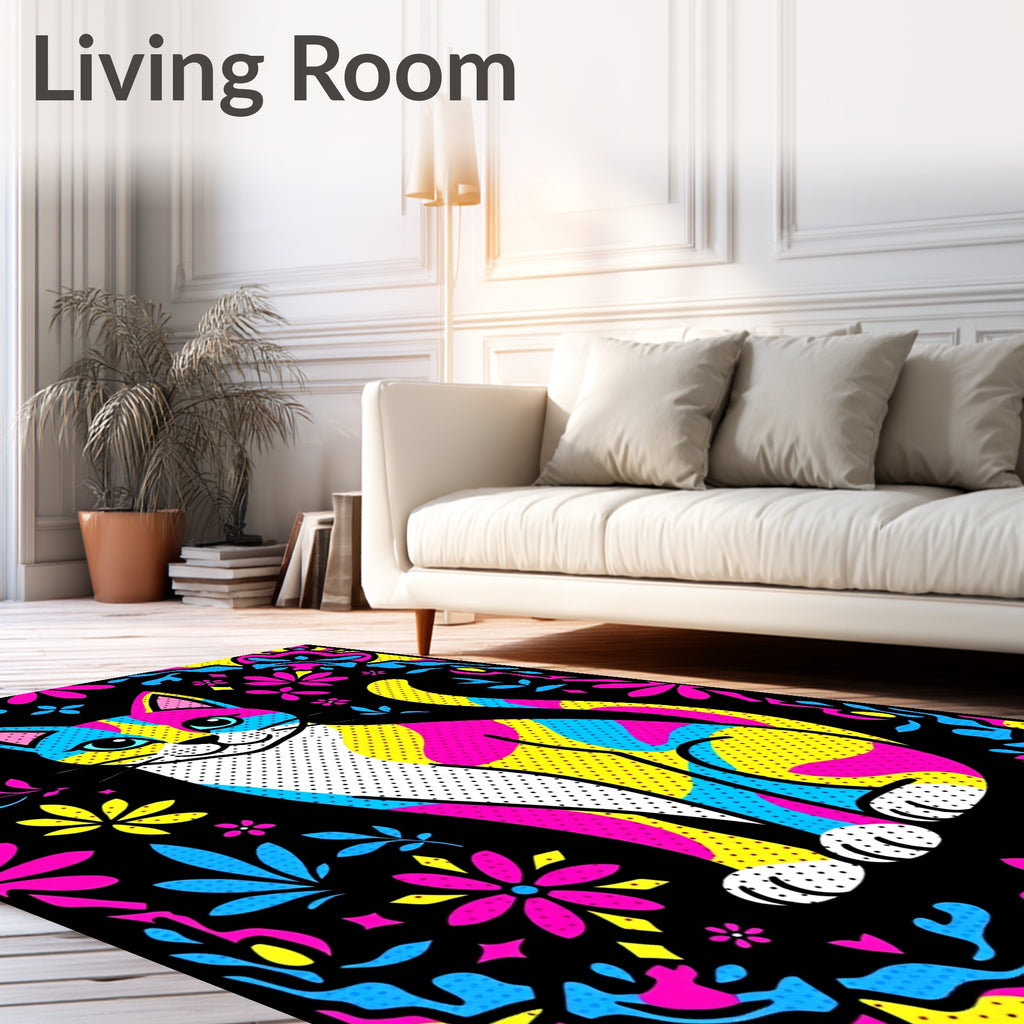 Vibrant Color Block Cat Floral Border Rug