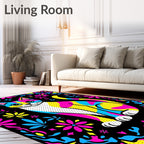Vibrant Color Block Cat Floral Border Rug