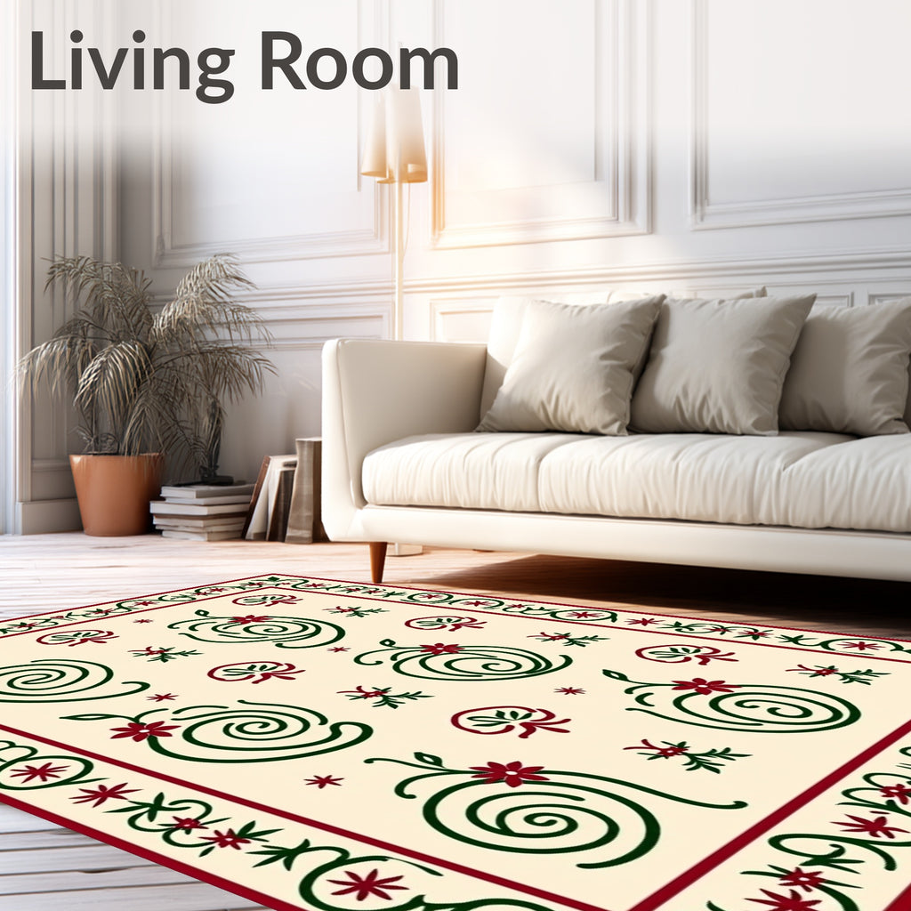 Crimson Green Swirl Floral Border Rug
