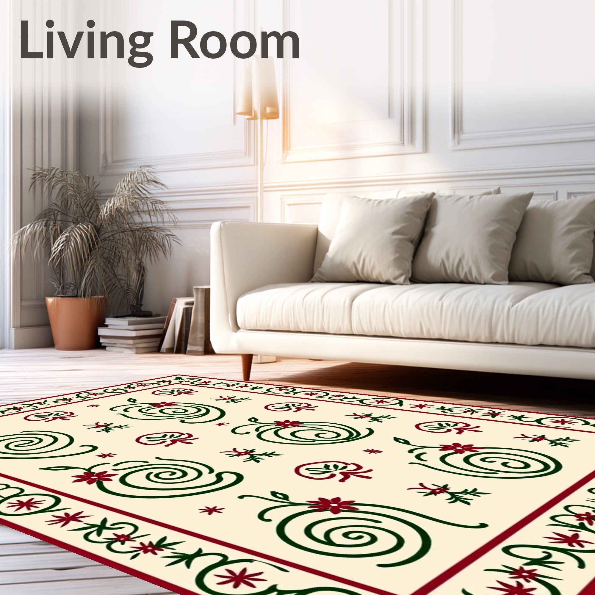 Crimson Green Swirl Floral Border Rug