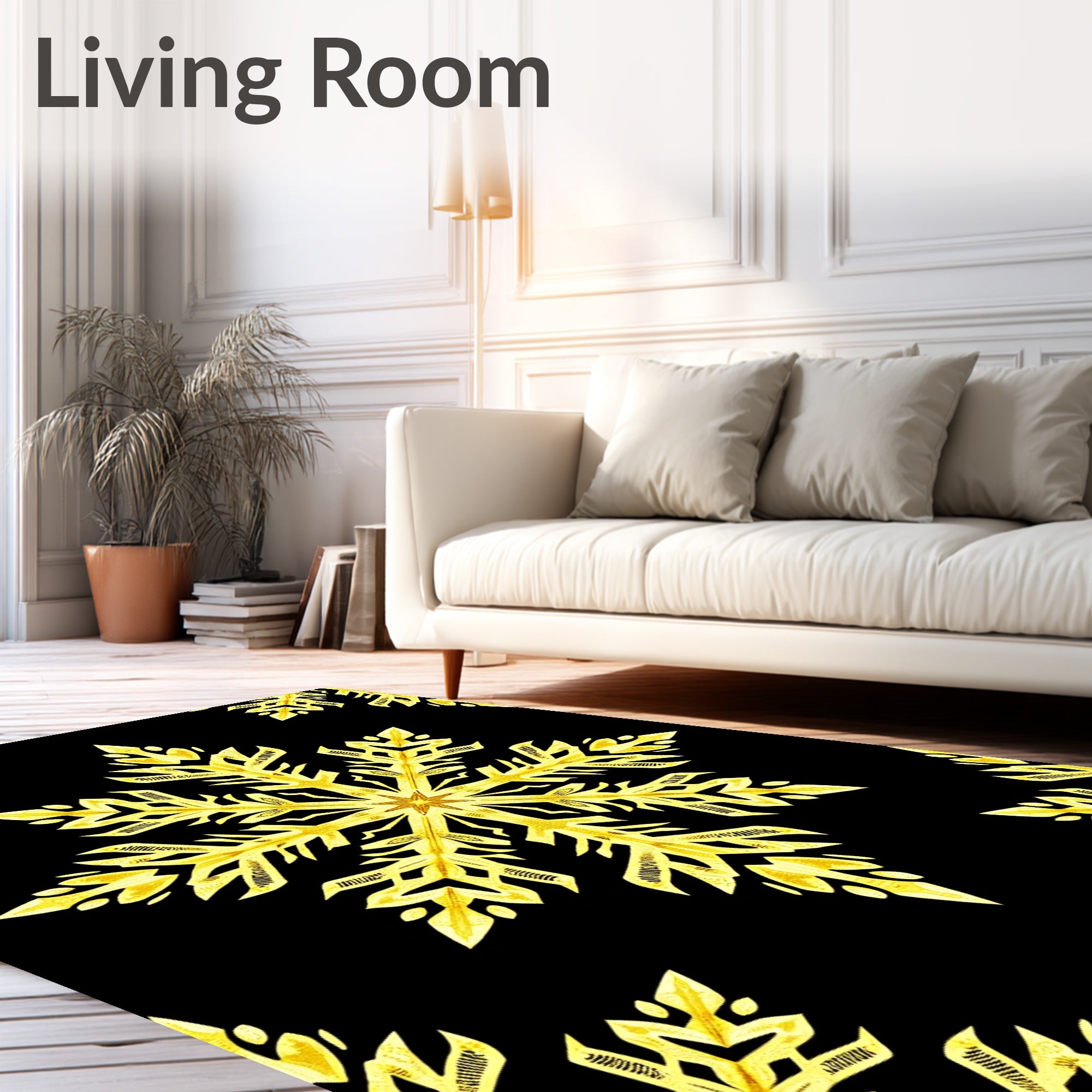 Golden Snowflake Black Background Rug