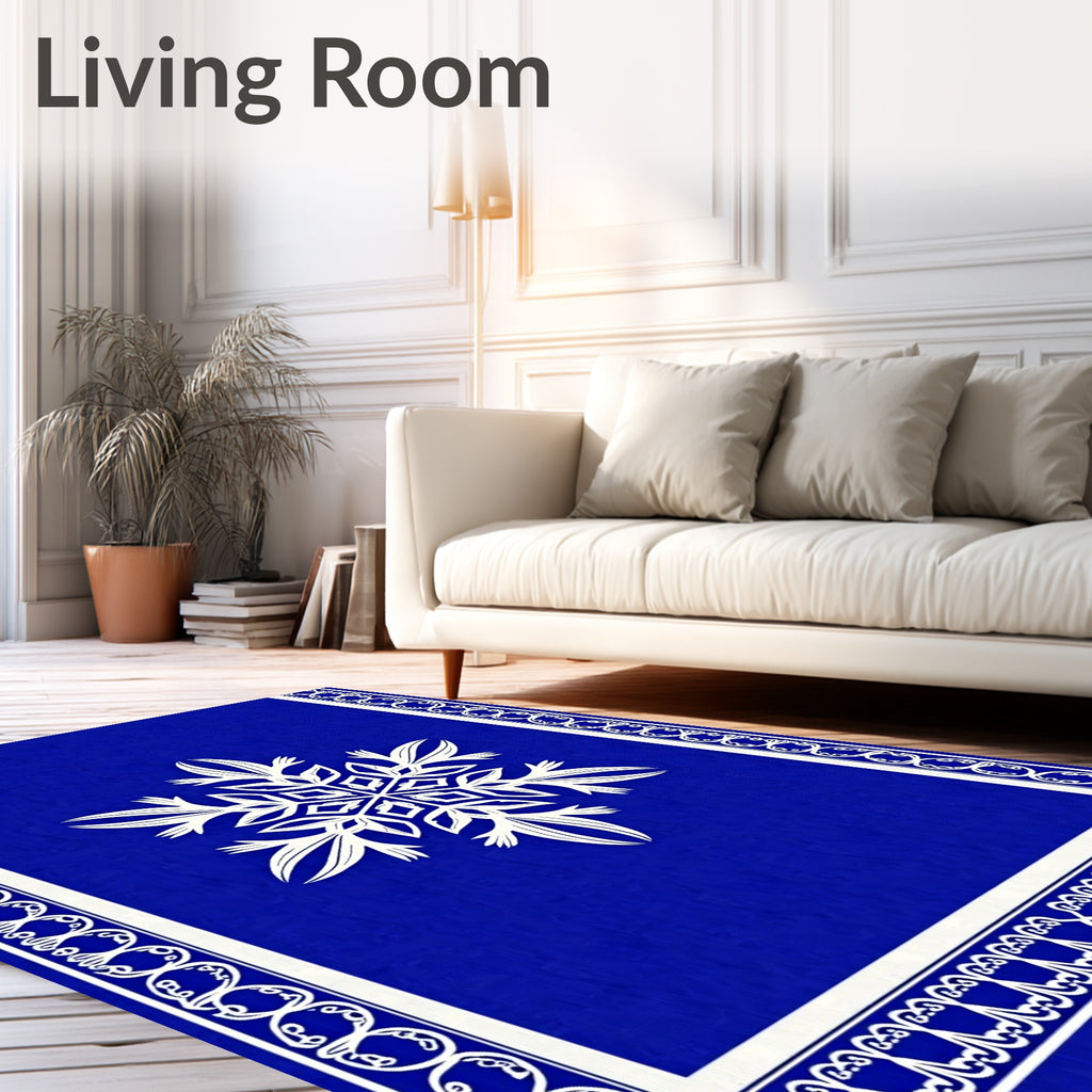 Deep Blue White Snowflake Border Rug