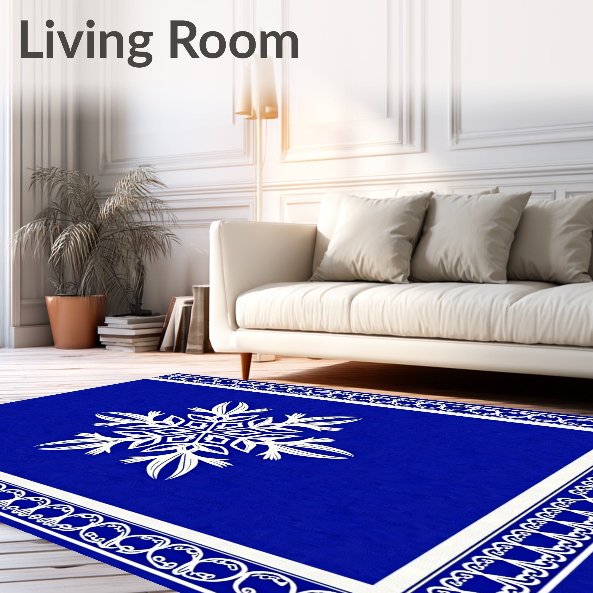 Deep Blue White Snowflake Border Rug