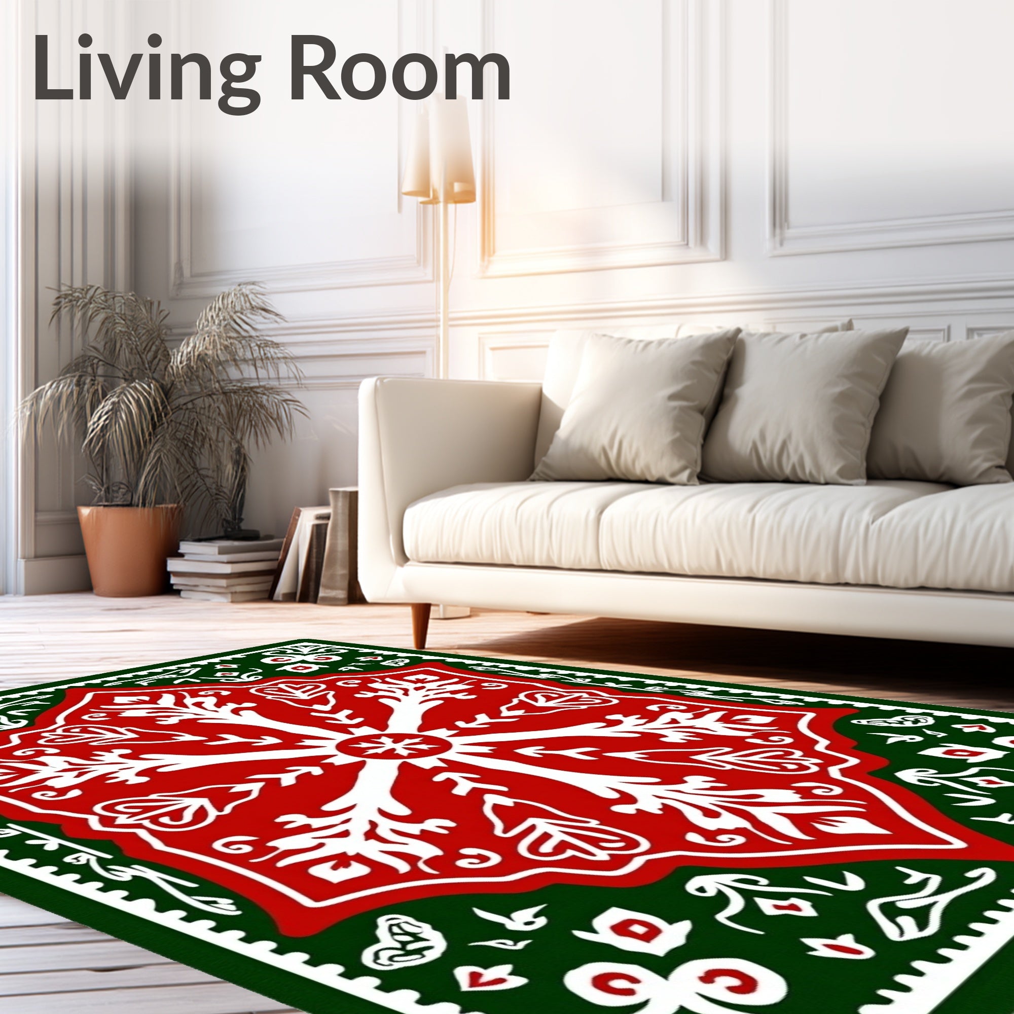 Festive Red White Green Floral Medallion Rug