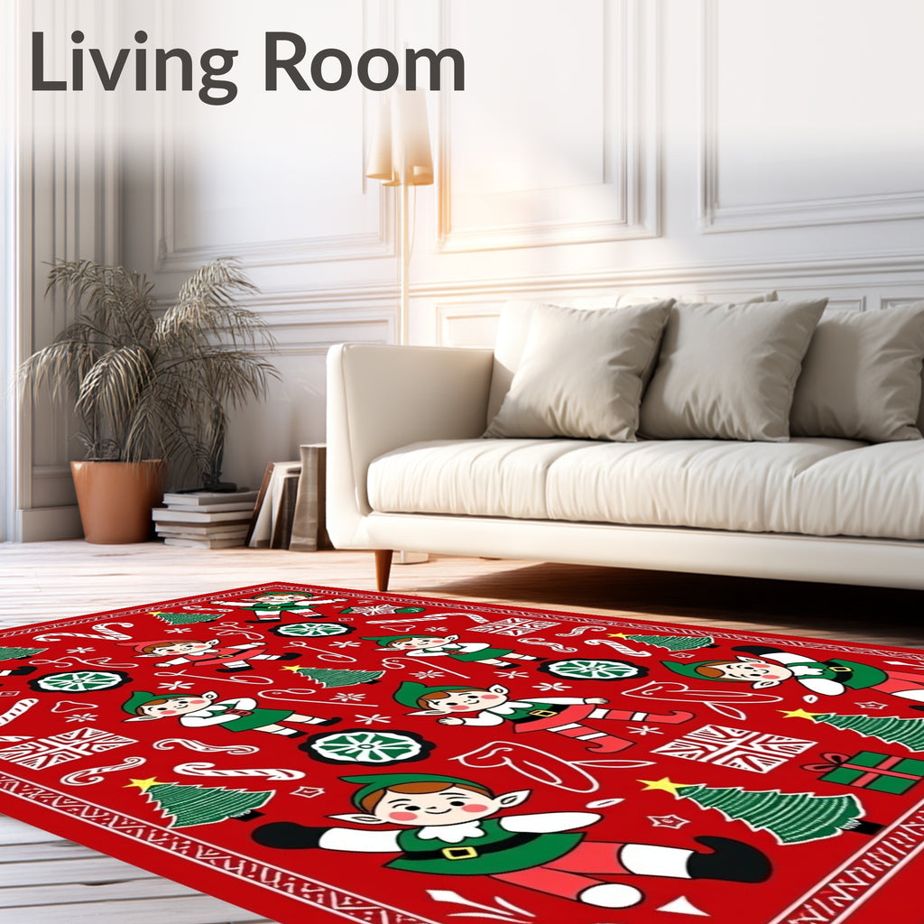Red Holiday Elves Christmas Trees Candy Canes Rug