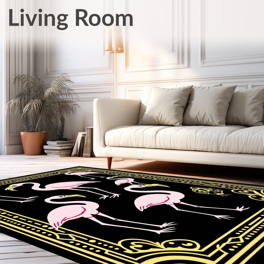 Pink Flamingos Golden Art Deco Frame Rug