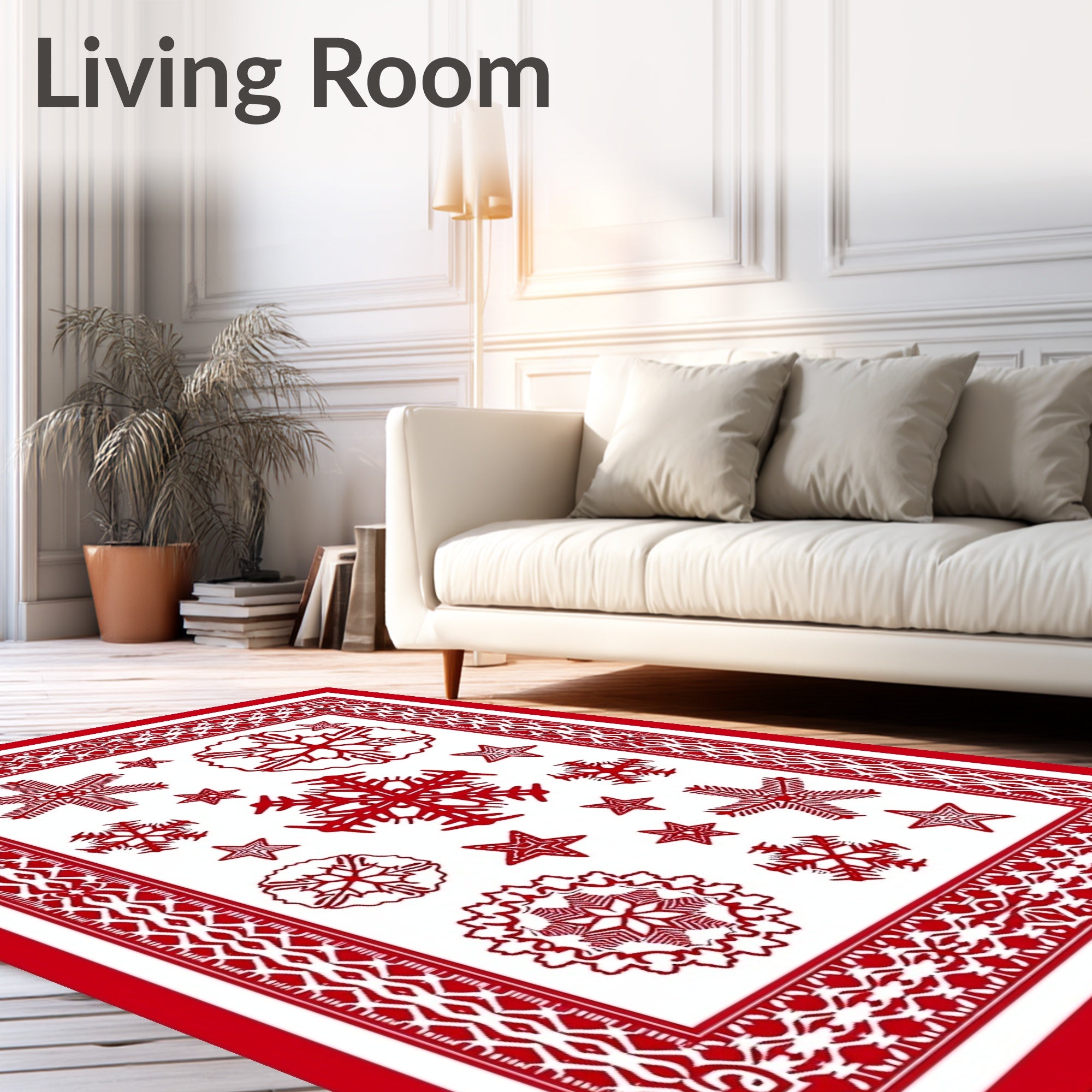 Red Snowflakes Bordered Textile Rug
