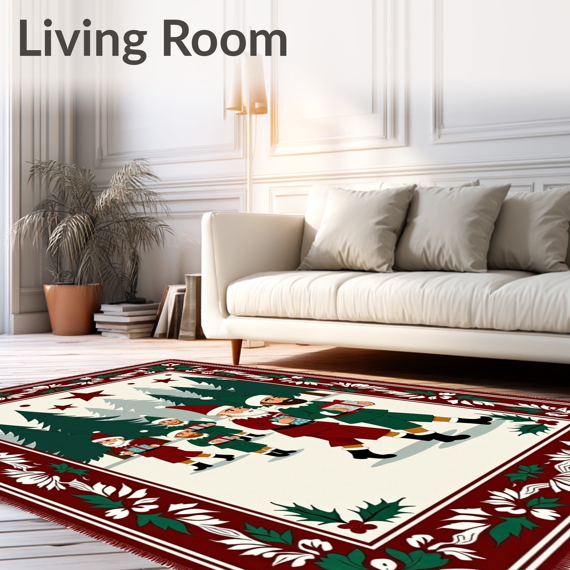Festive Red Elves Winter Forest Gifts Rug