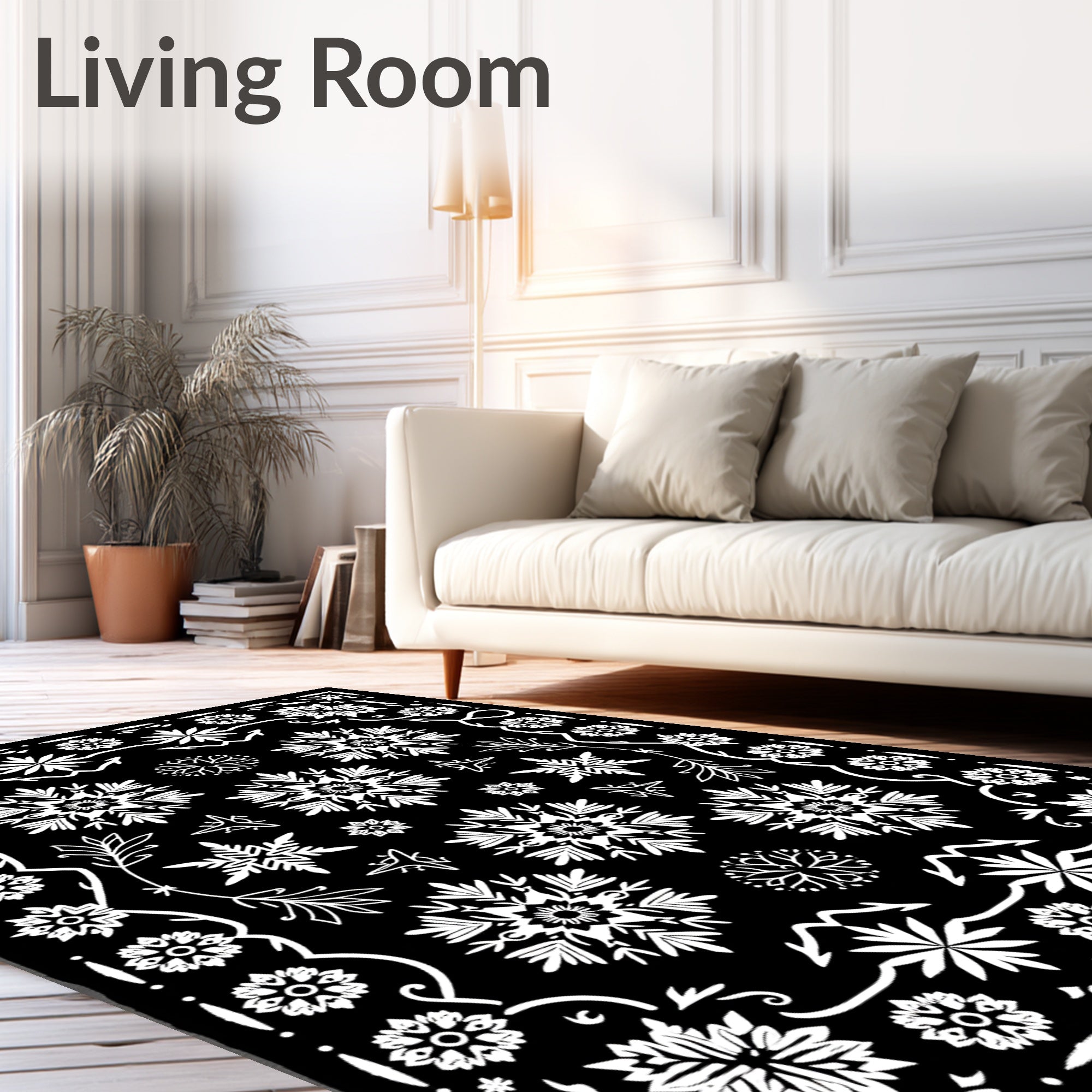 Monochromatic Black White Snowflake Garland Rug