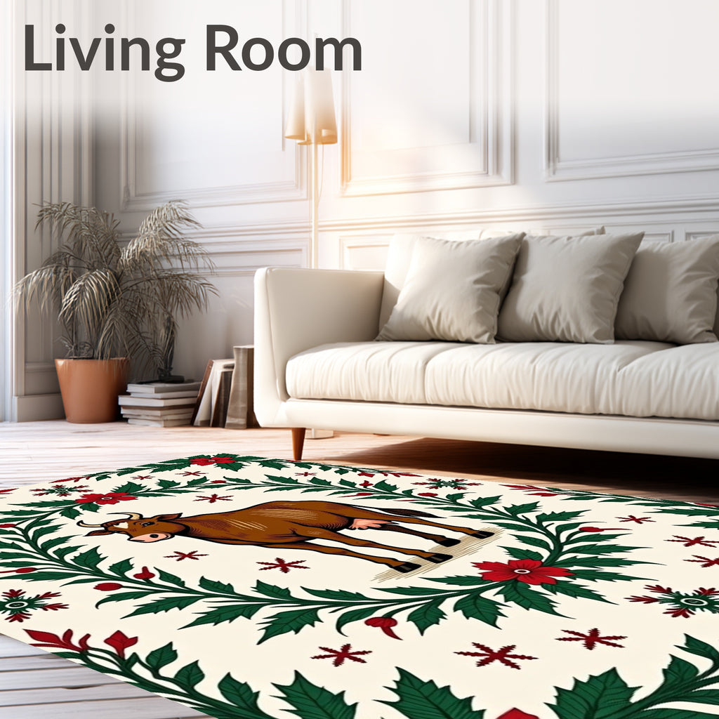 Brown Cow Red Green Floral Border Rug