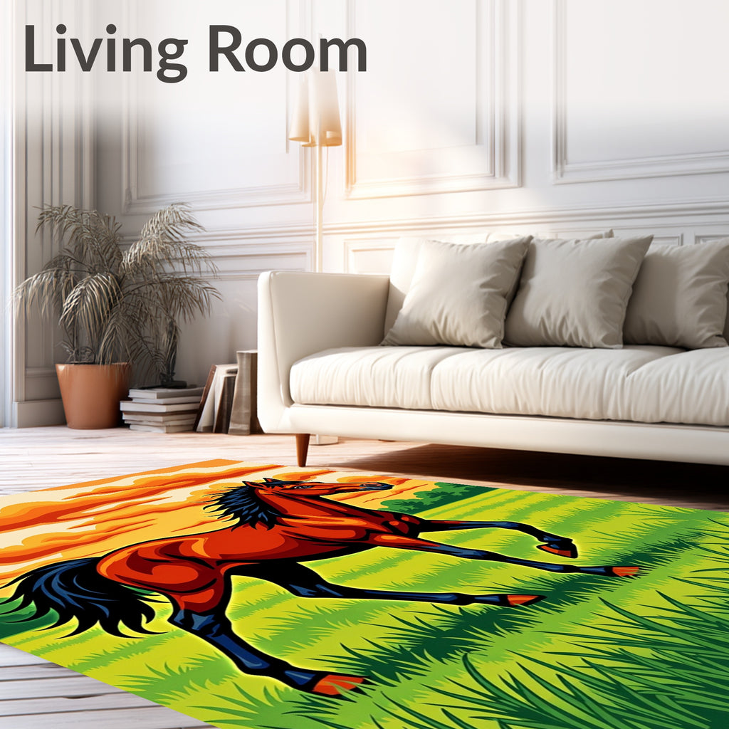 Vibrant Chestnut Horse Sunset Field Rug