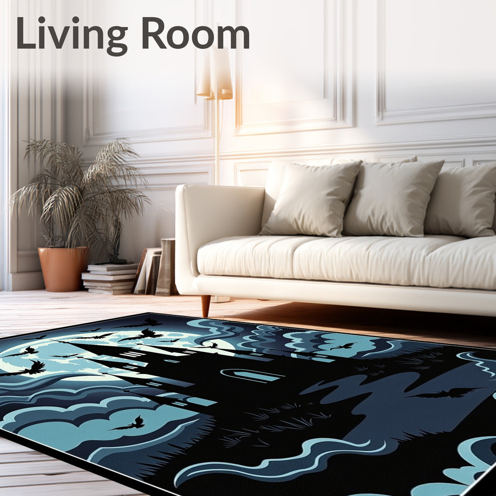 Spooky Blue Moon Bats Castle Landscape Rug