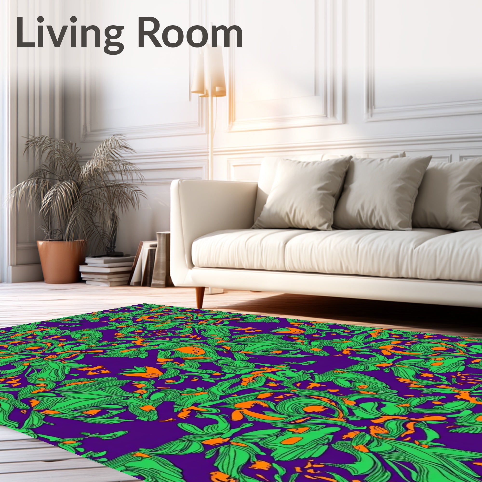 Vibrant Green Orange Swirls Purple Rug