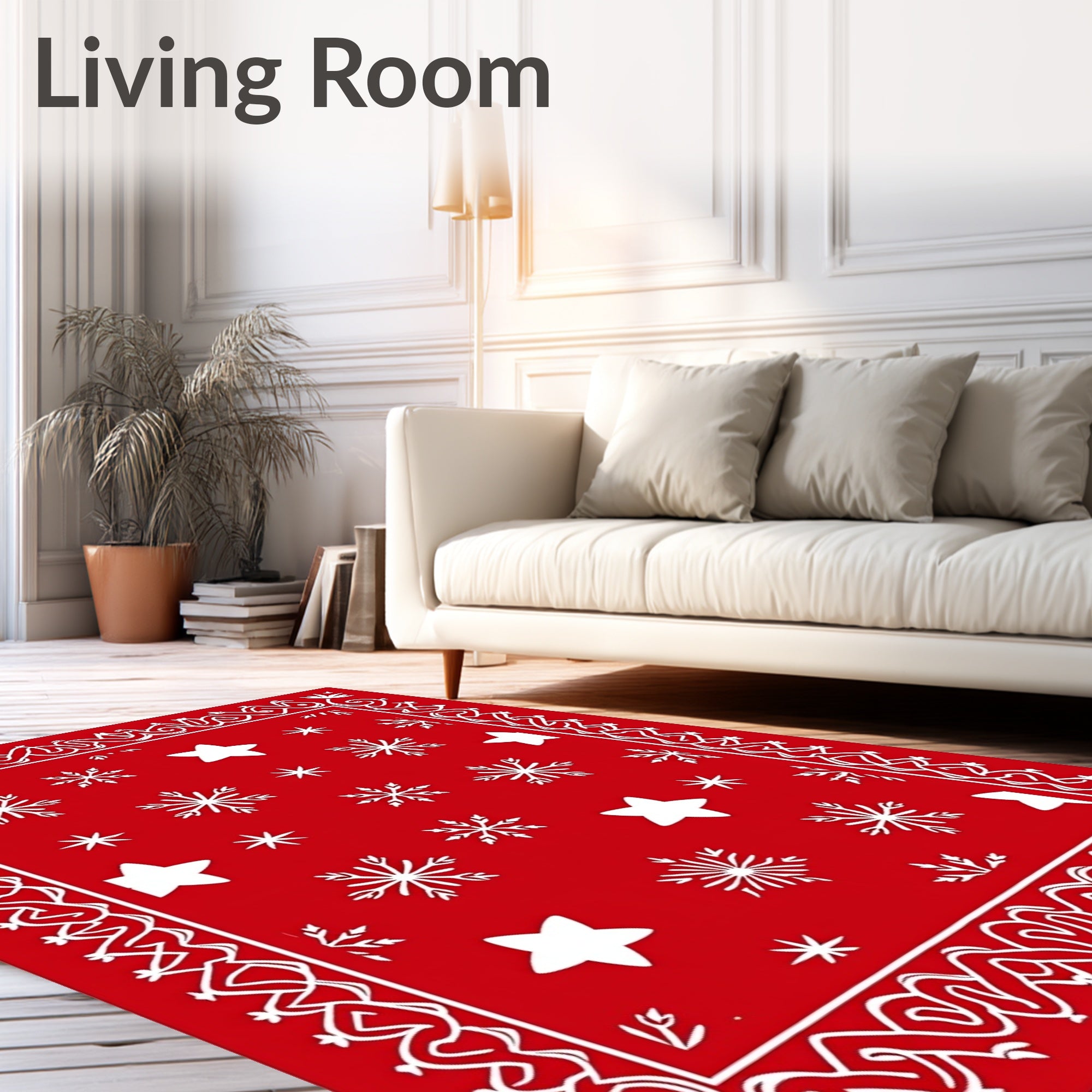 Red White Snowflake Star Border Rug