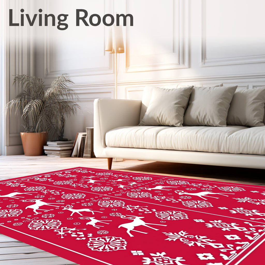 Red Festive Deer Snowflakes Nordic Rug