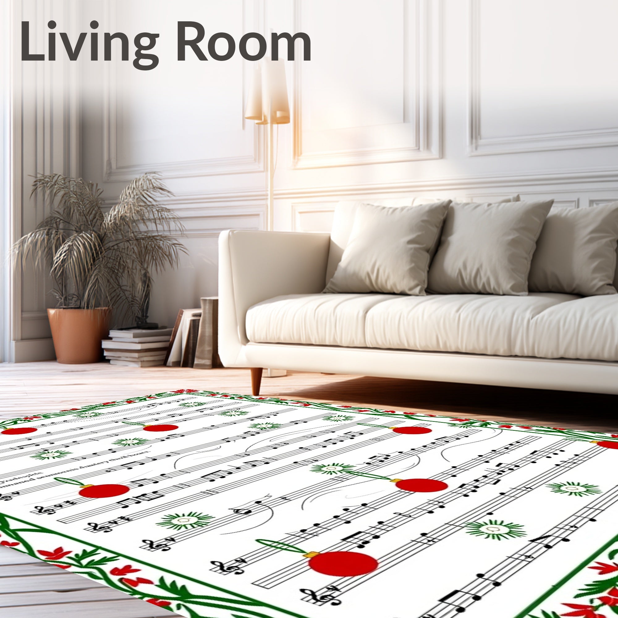 Festive Red Ornament Musical Score Rug