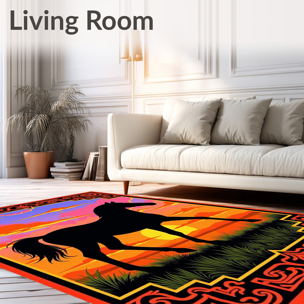 Bold Black Horse Sunset Sky Rug