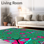 Pink Butterfly Blooming Garden Teal Rug