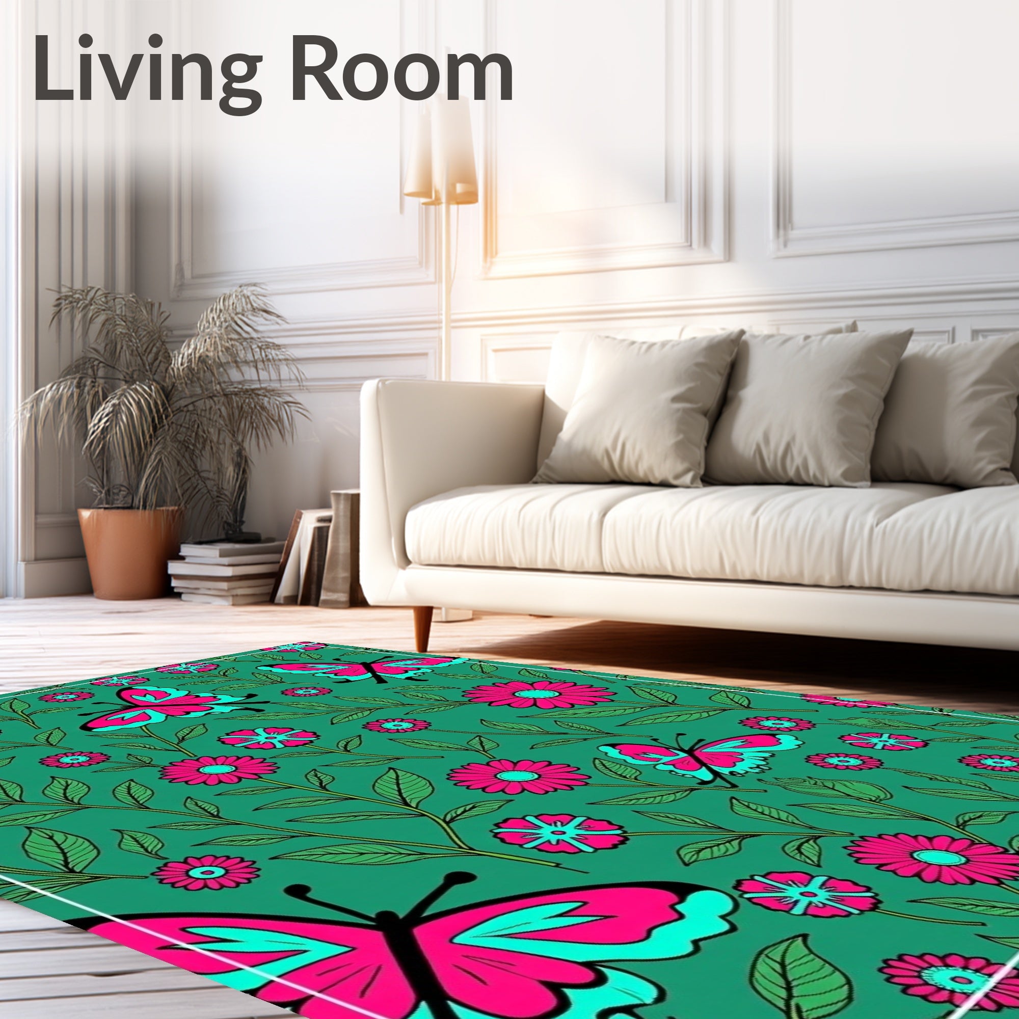 Pink Butterfly Blooming Garden Teal Rug