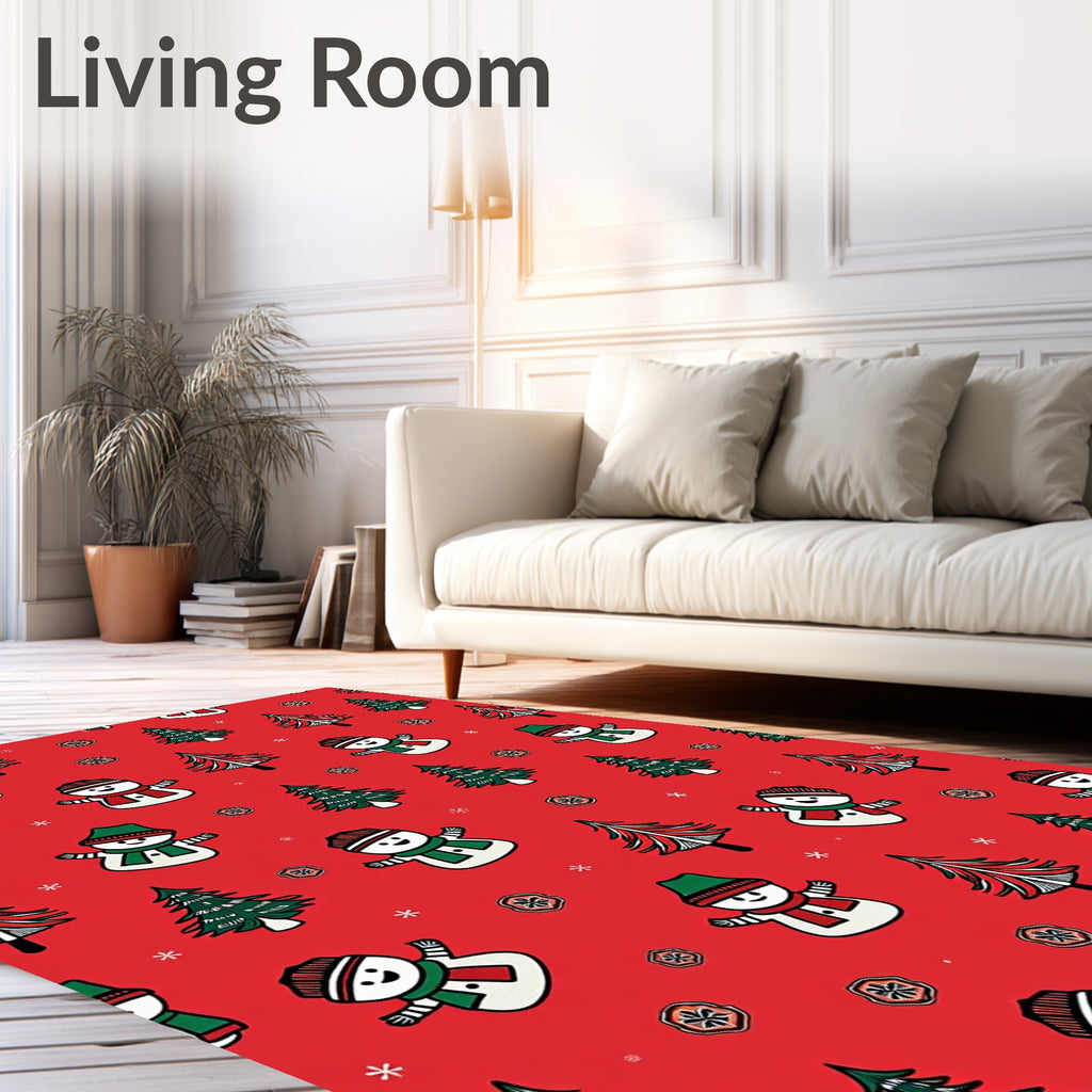 Red Christmas Snowman Tree Print Rug