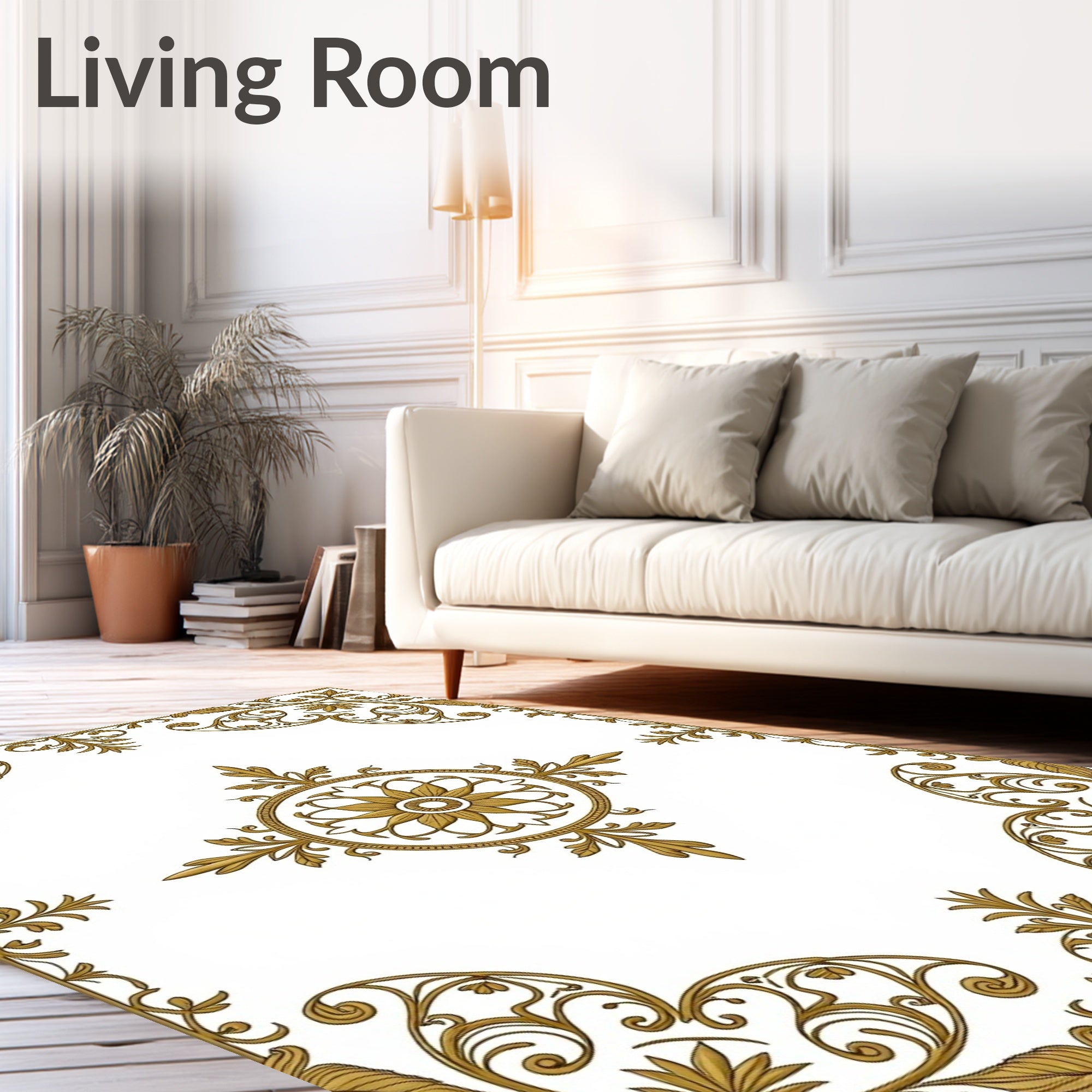 Ornate Gold Floral Medallion Emblem Rug