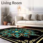Golden Teal Floral Mandala Art Rug