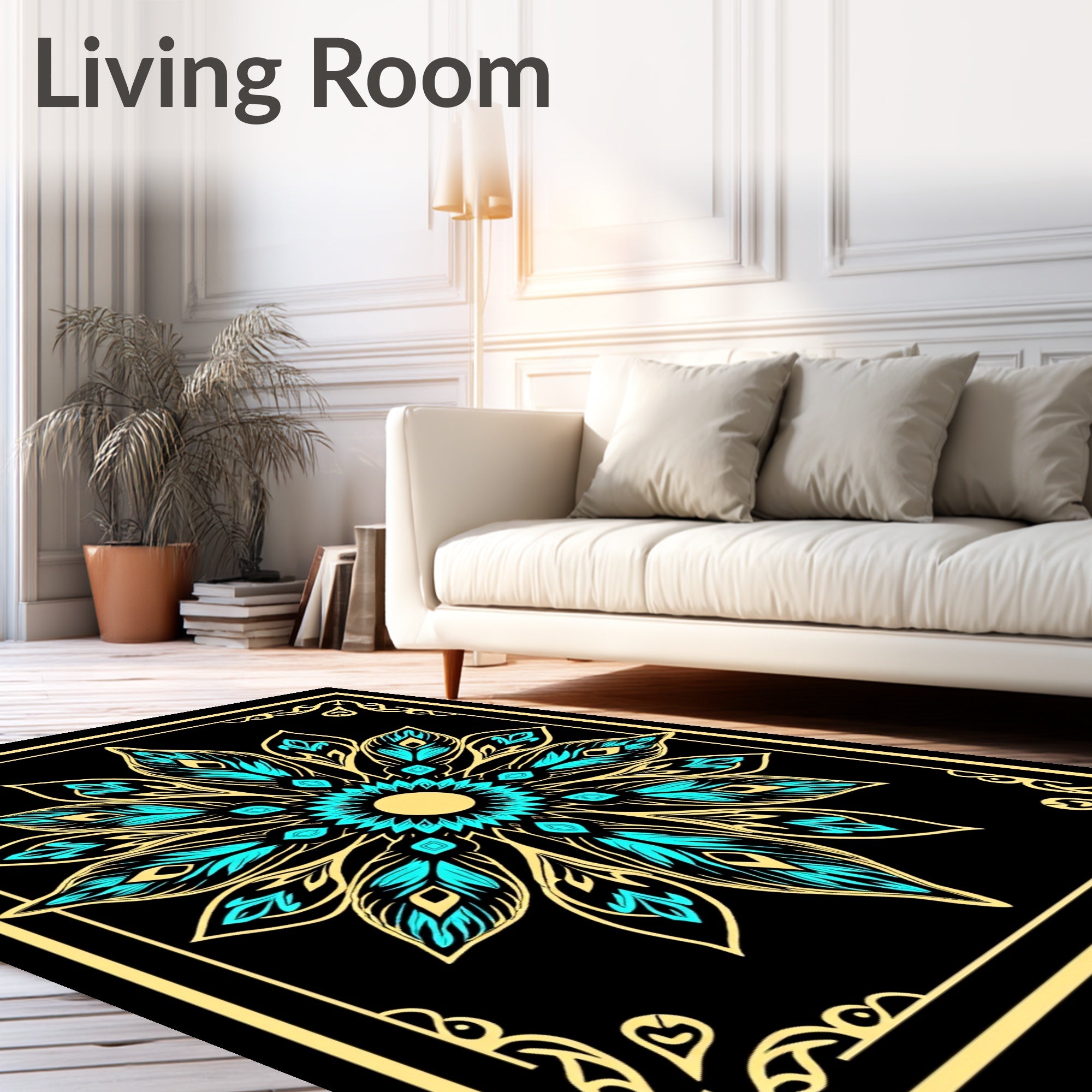 Golden Teal Floral Mandala Art Rug
